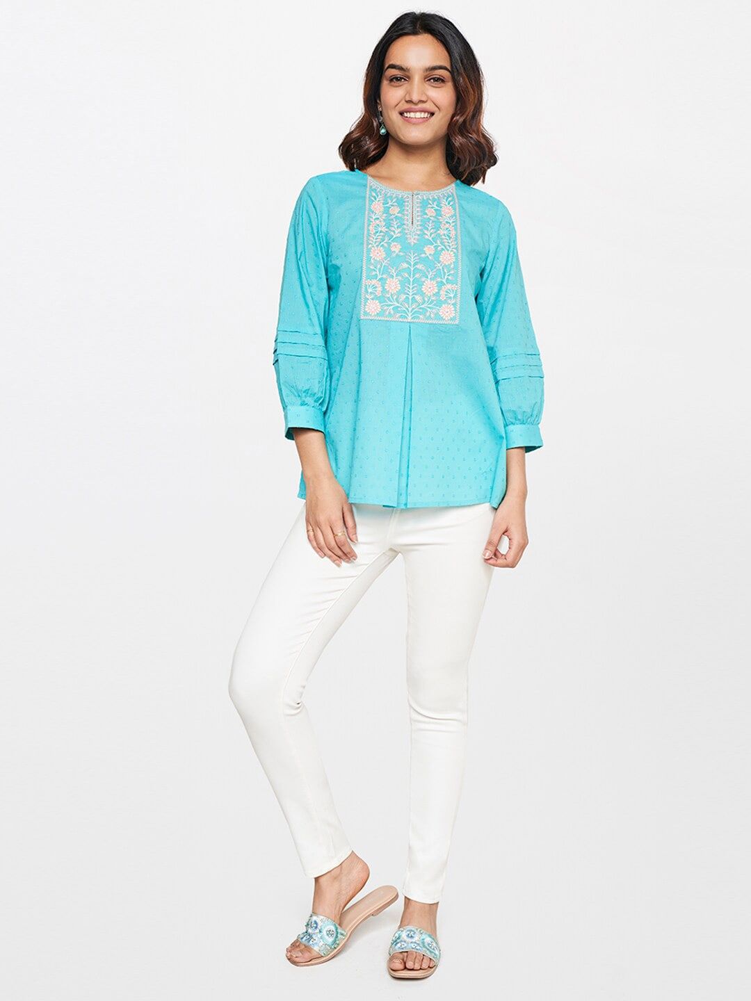 Global Desi Puff Sleeves Floral Embroidered Key-Hole Neck Pure Cotton Top