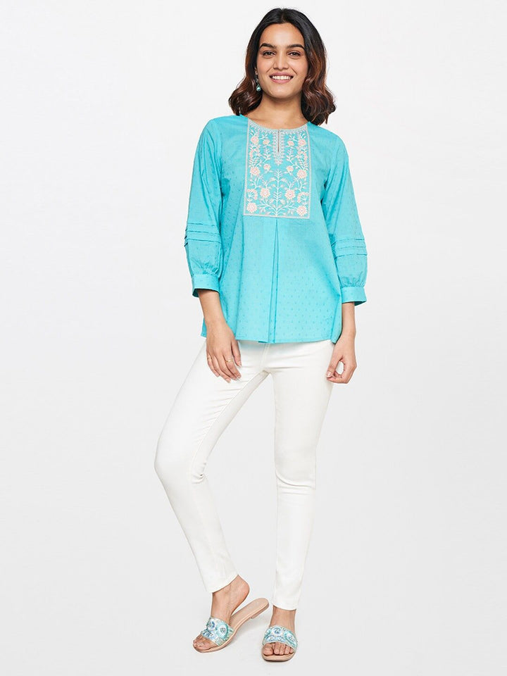 Global Desi Puff Sleeves Floral Embroidered Key-Hole Neck Pure Cotton Top