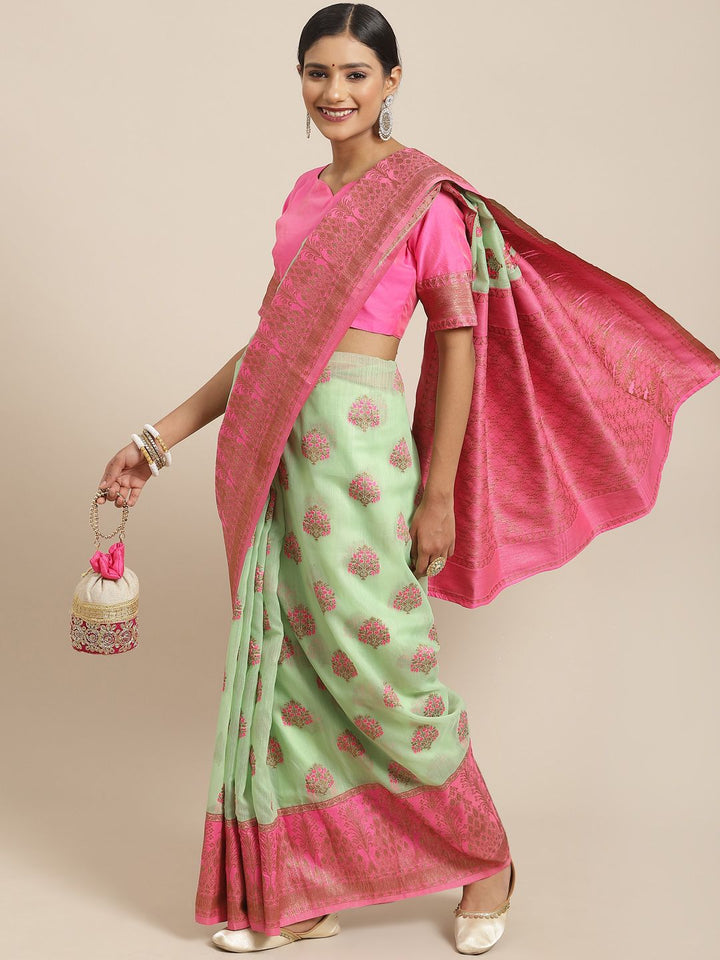 Saree mall Green & Pink Floral Zari Linen Blend Banarasi Sarees