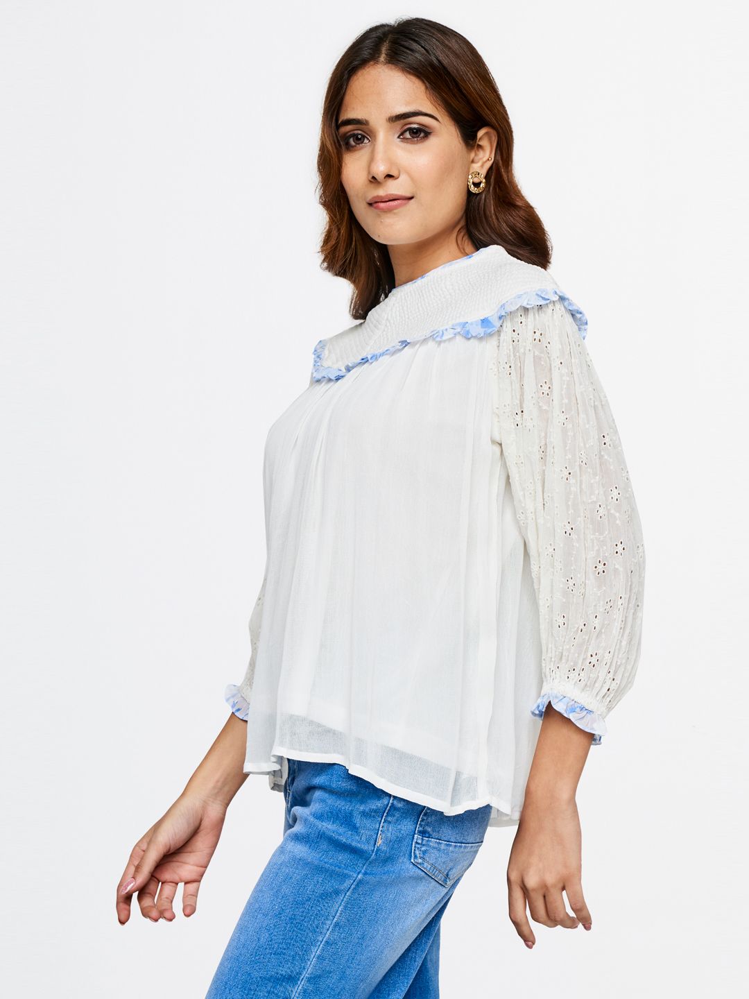 AND Smocked Detail Schiffli Puff Sleeve Top