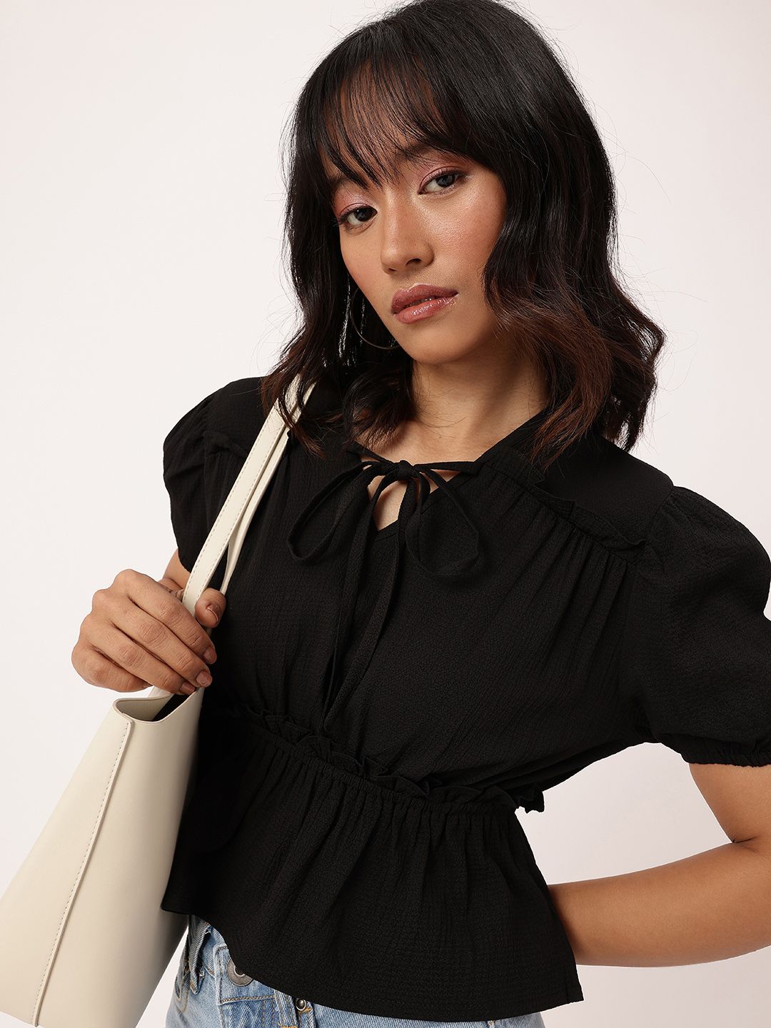 DressBerry Tie-Up Seersucker Ruched Peplum Crop Top