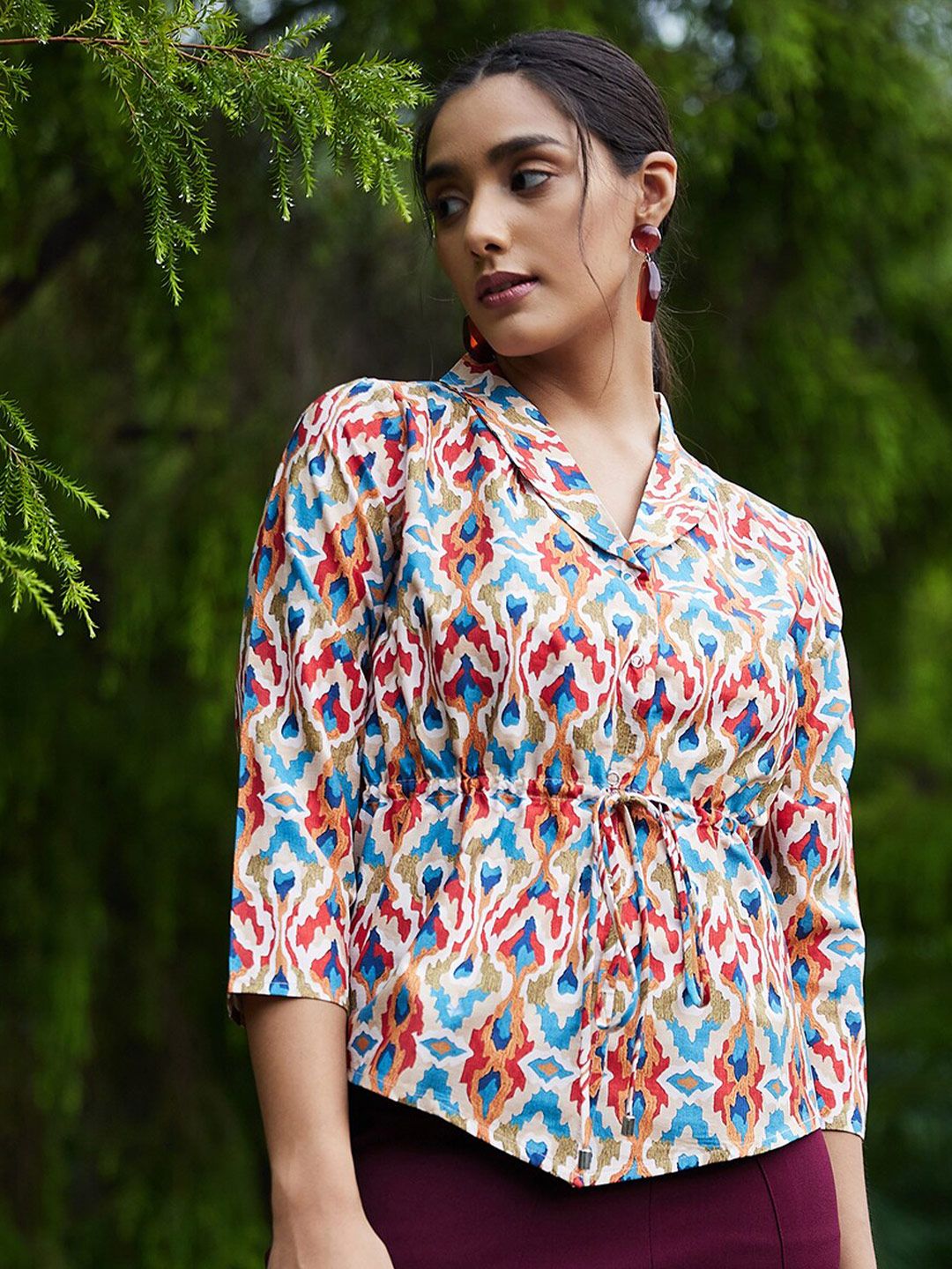 Athena Women Beige & Blue Print Top