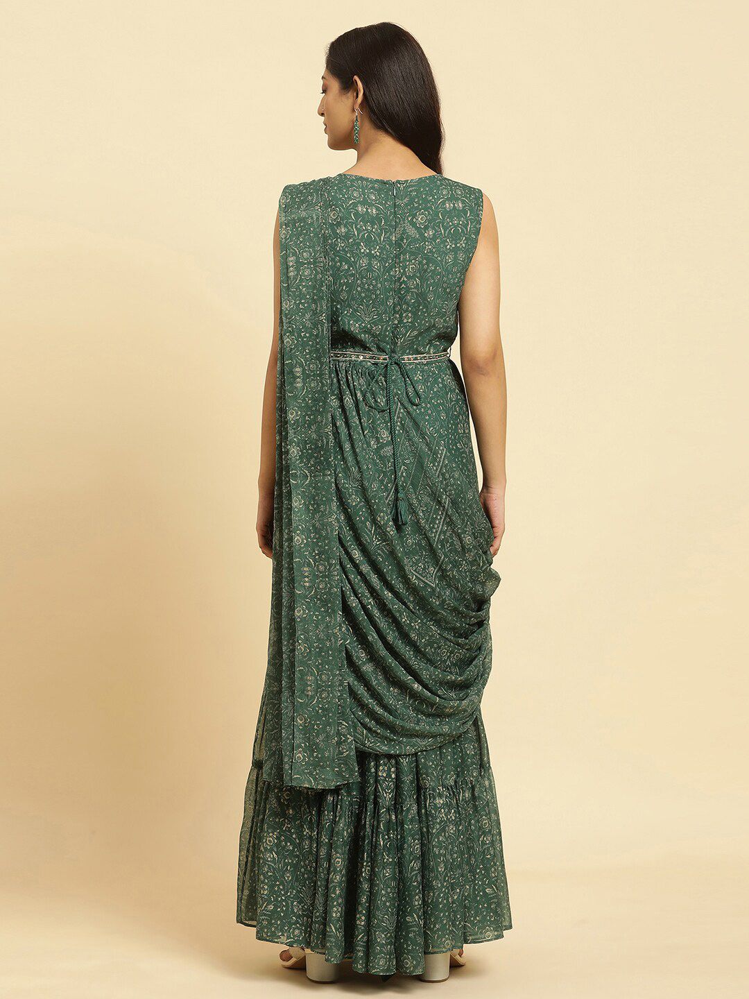 W Ethnic Motifs Printed Sequined Chiffon Tiered Maxi Ethnic Dress With Attached Dupatta