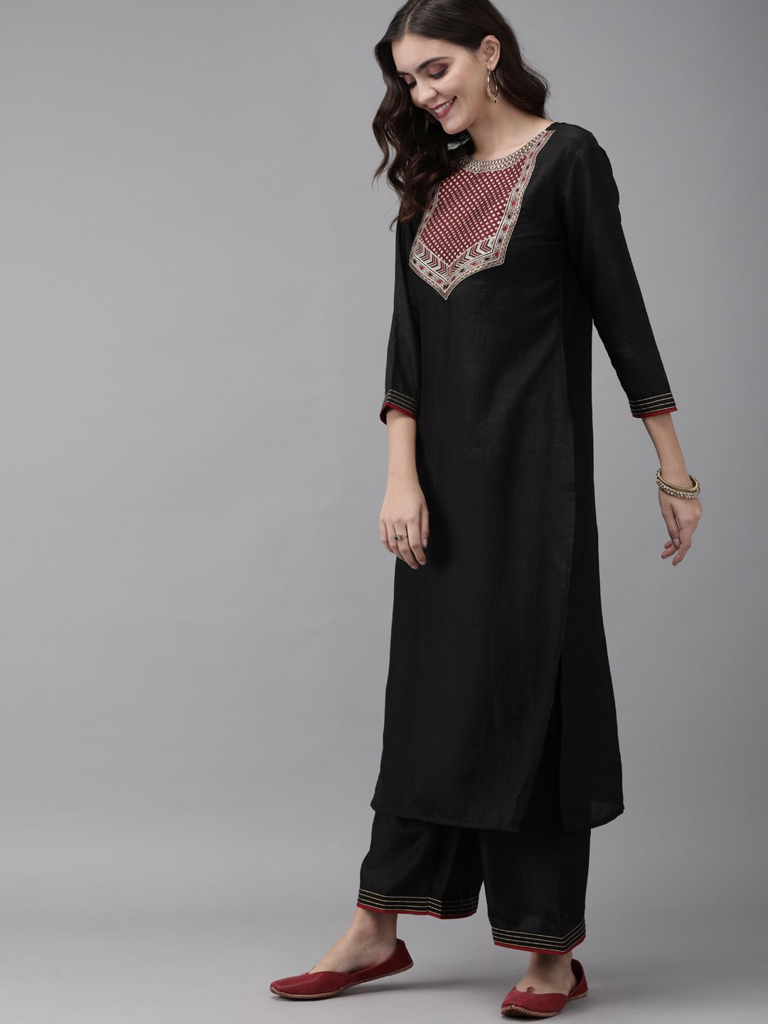Indo Era Women Black & Maroon Yoke Design Kurta with Palazzos & Dupatta