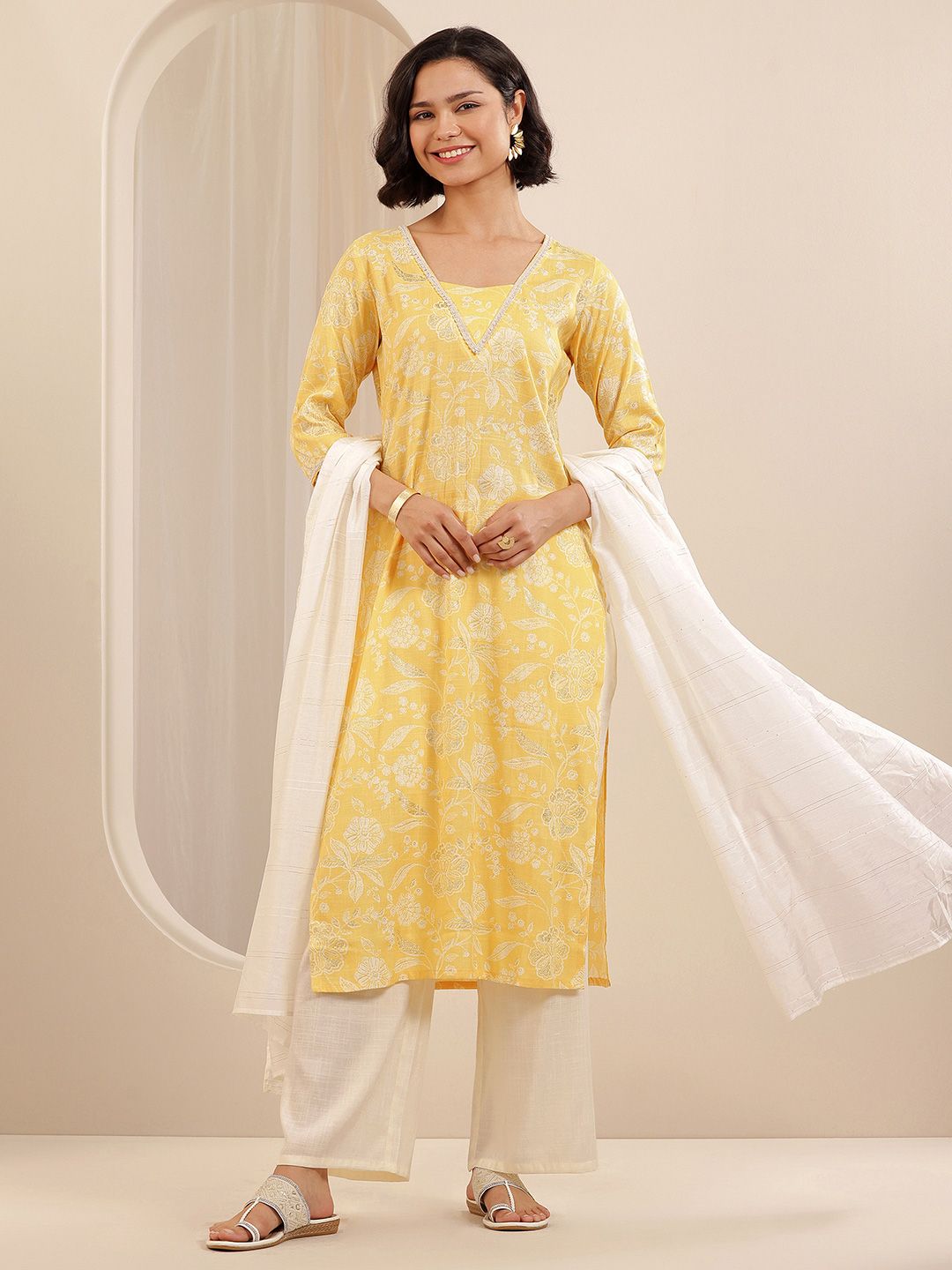 Libas Floral Printed V-Neck Kurta With Palazzo And Dupatta