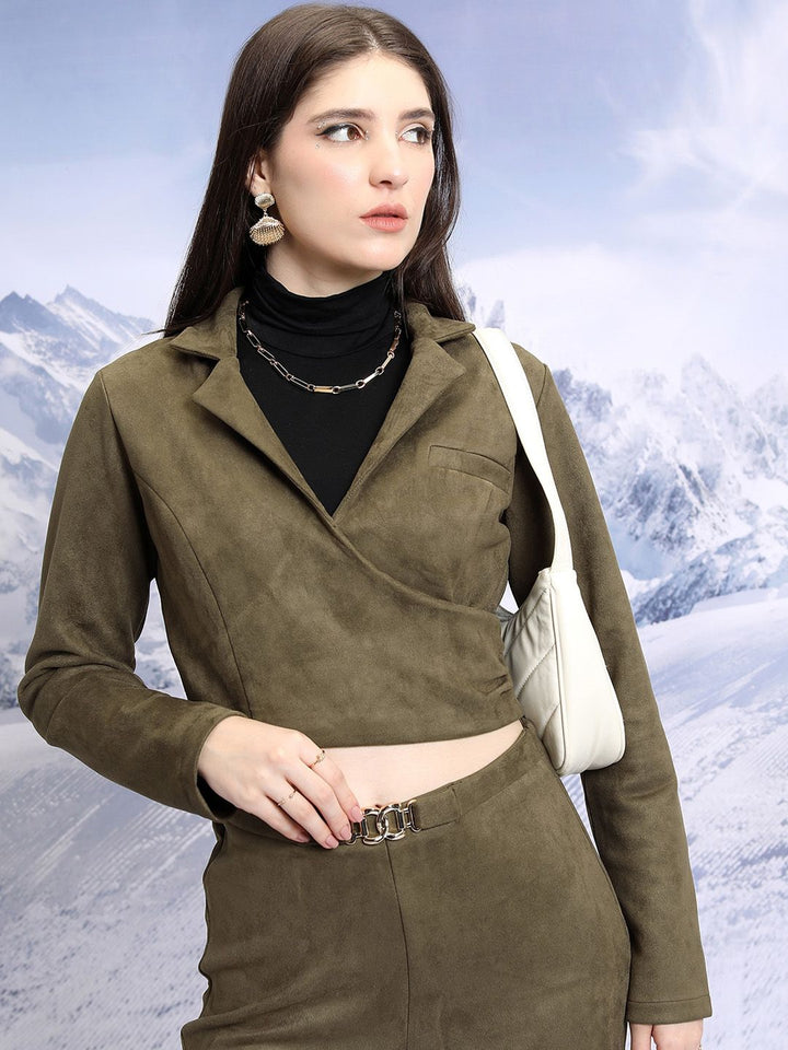 Tokyo Talkies Notched Lapel Collar Suede Crop Top & Trousers