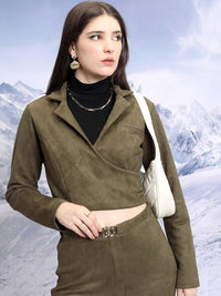 Tokyo Talkies Notched Lapel Collar Suede Crop Top & Trousers
