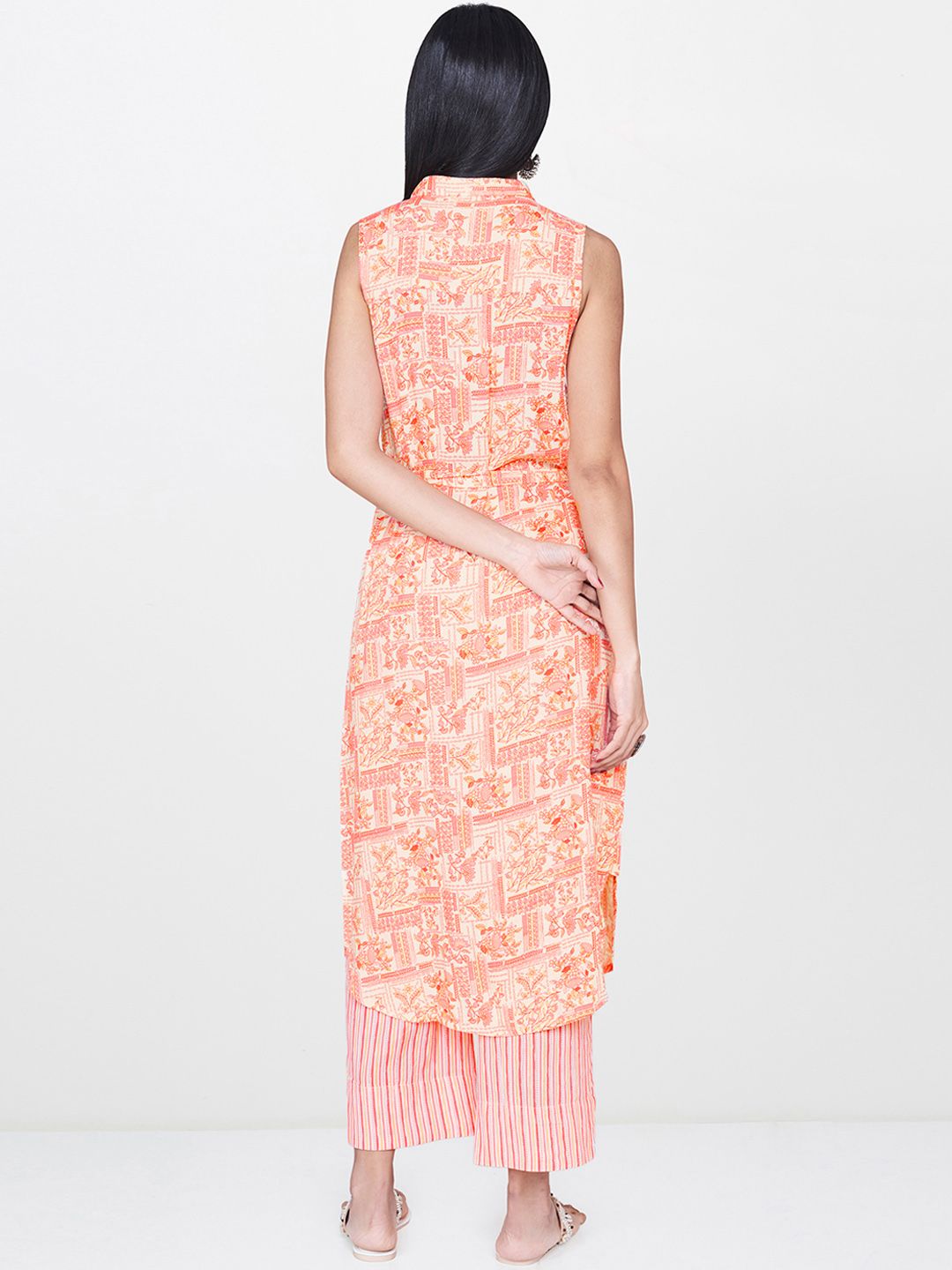 Global Desi Women Cream-Coloured & Pink Printed Kurta with Trousers