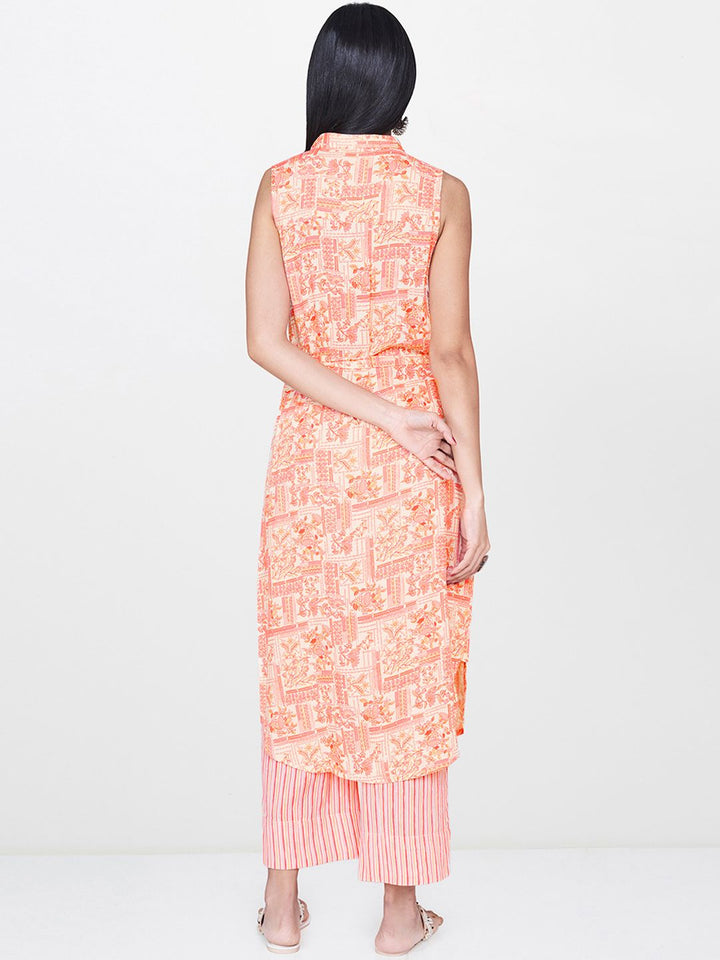 Global Desi Women Cream-Coloured & Pink Printed Kurta with Trousers