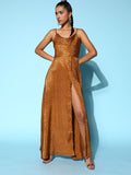 Berrylush Brown Cowl Neck Satin Front Slit A-Line Maxi Dress