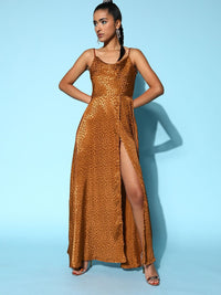 Berrylush Brown Cowl Neck Satin Front Slit A-Line Maxi Dress