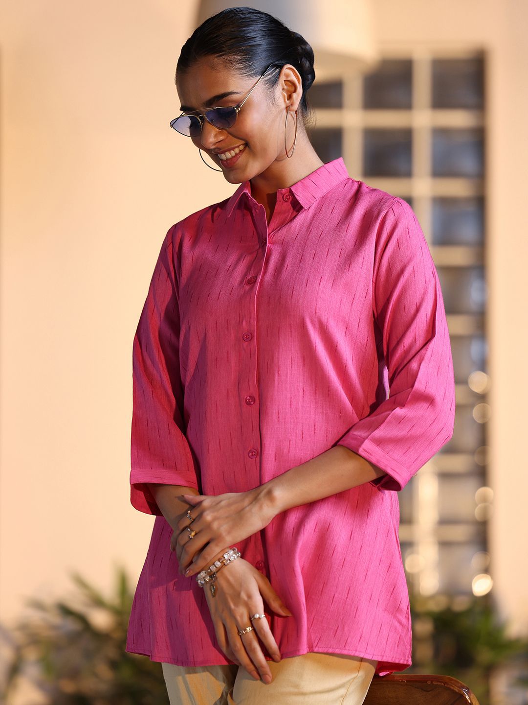 Libas Women Self Design Printed Shirt Collar Tunic