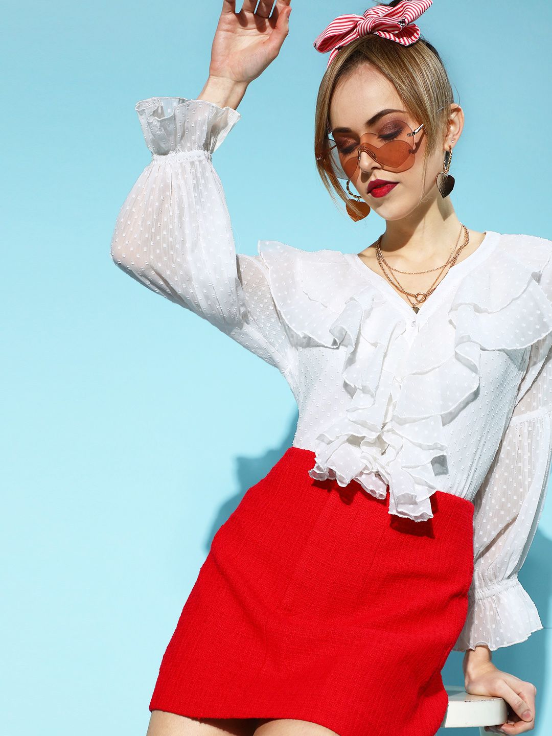 Antheaa Women Classic White Self-Design Ruffled Top