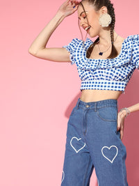 SASSAFRAS Women Blue & White Checked Ruffles Fitted Crop Top