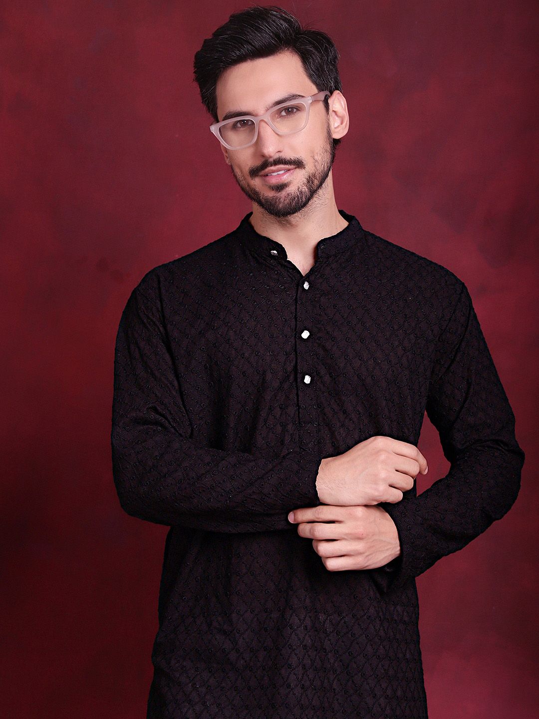 Jompers Geometric Embroidered Band Collar Pure Cotton Chikankari Straight Kurta