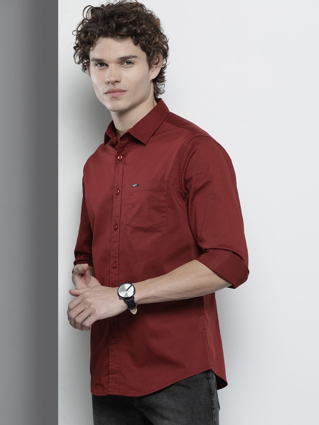 The Indian Garage Co Men Rust Brown Solid Comfort Cotton Shirt