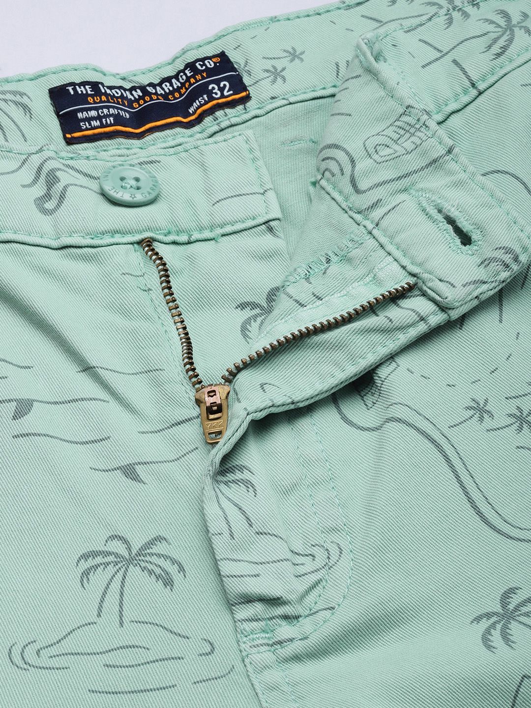 The Indian Garage Co Men Pastel Green Printed Slim Fit Cotton Chino Shorts