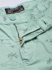 The Indian Garage Co Men Pastel Green Printed Slim Fit Cotton Chino Shorts