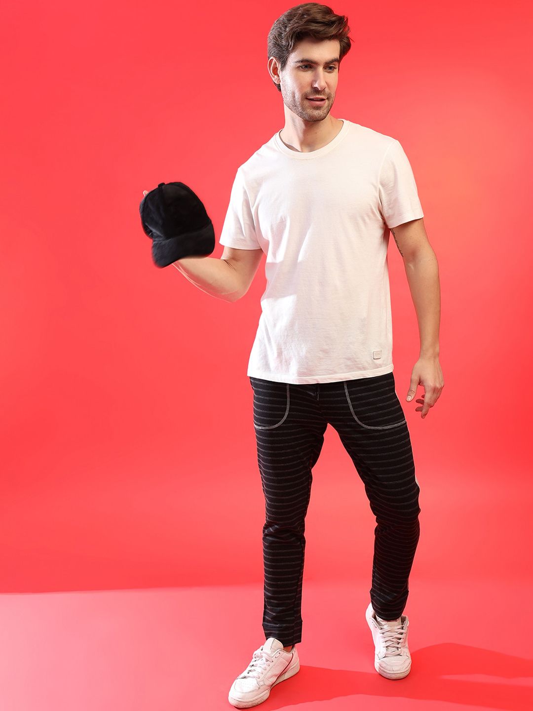 Campus Sutra Men Charcoal Black & Grey Striped Cotton Joggers