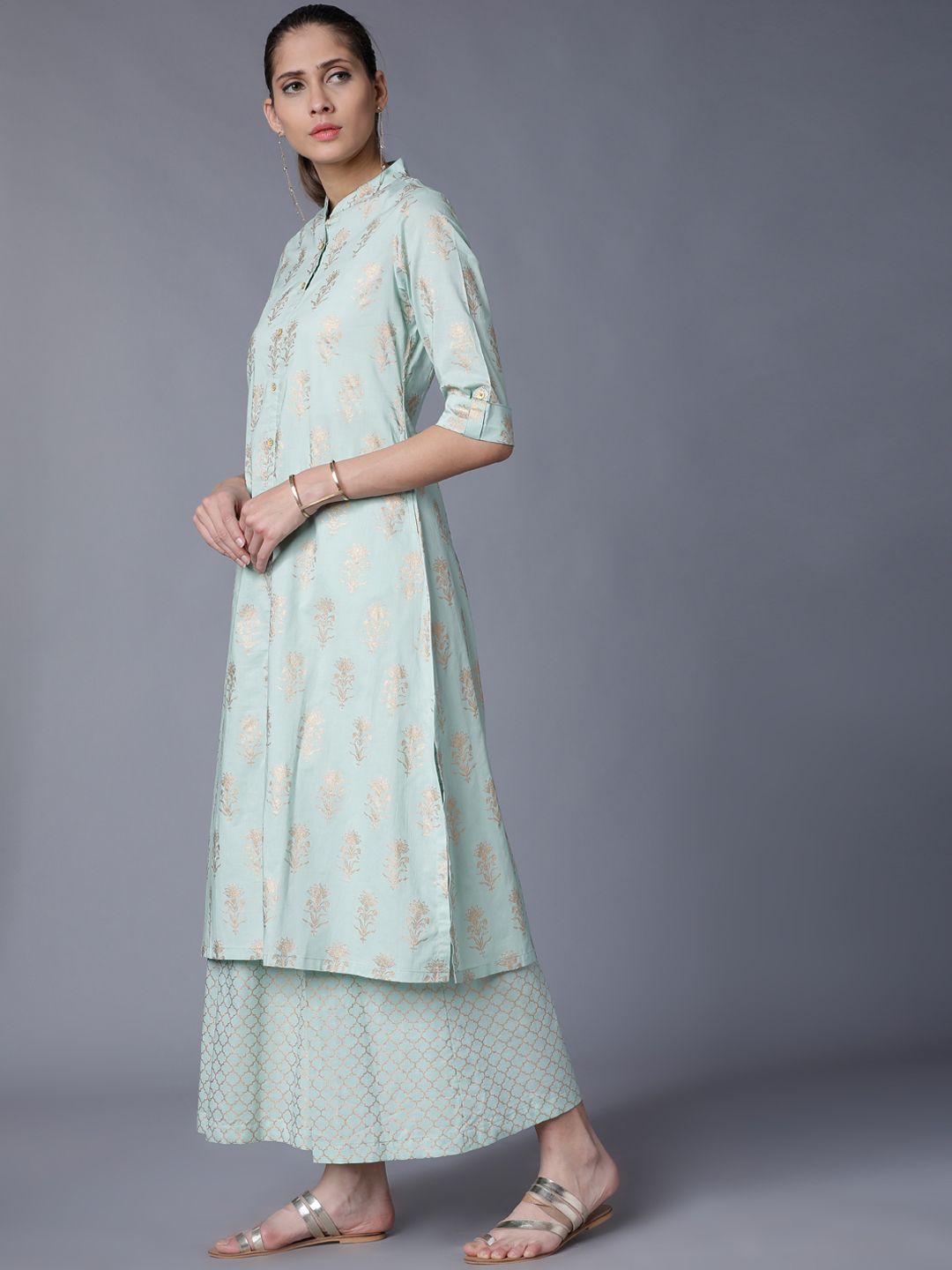 Vishudh Women Turquoise Blue & Gold-Toned Printed Kurta with Palazzos