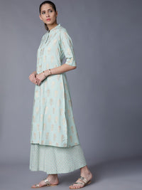 Vishudh Women Turquoise Blue & Gold-Toned Printed Kurta with Palazzos