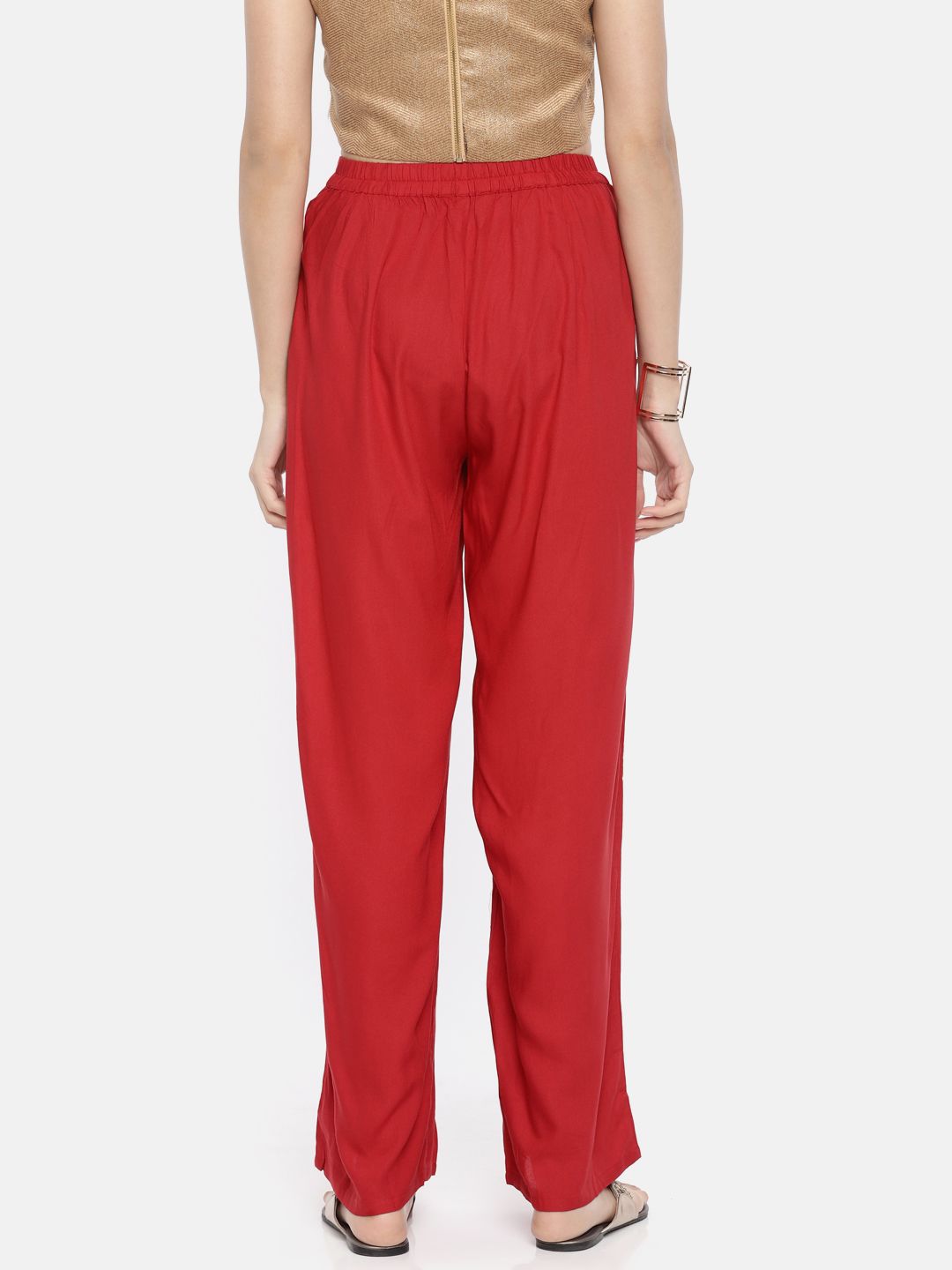 Global Desi Women Red Regular Fit Solid Parallel Trousers