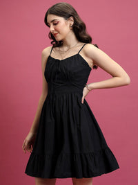 Tokyo Talkies Black Shoulder Straps Ruffles Cotton Fit & Flare Dress