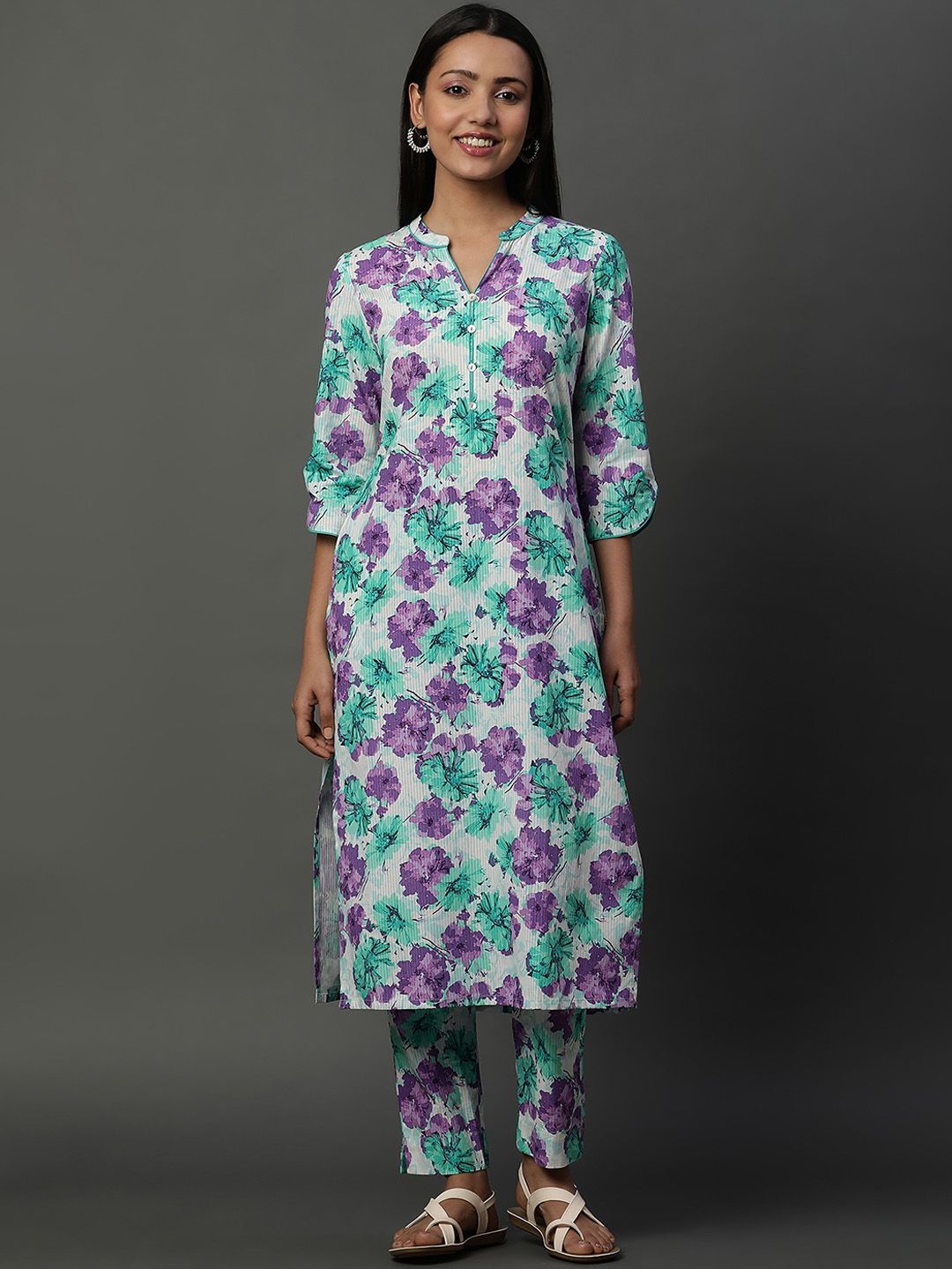 AURELIA Floral Printed Regular Pure Cotton Band Collar Straight Kurta with Trousers