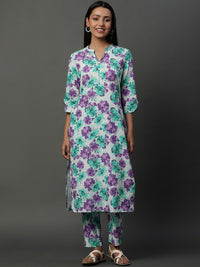 AURELIA Floral Printed Regular Pure Cotton Band Collar Straight Kurta with Trousers