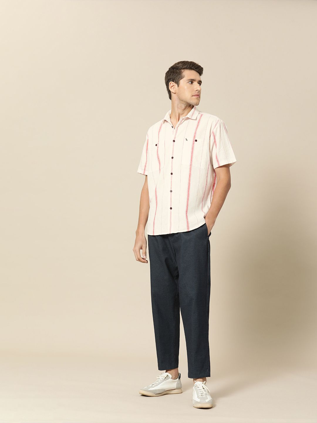 Mr Bowerbird Men Beige & Pink Striped Casual Shirt