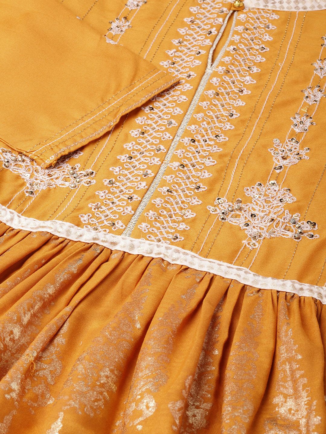 W Mustard Yellow & Golden Floral Printed A-Line Dress