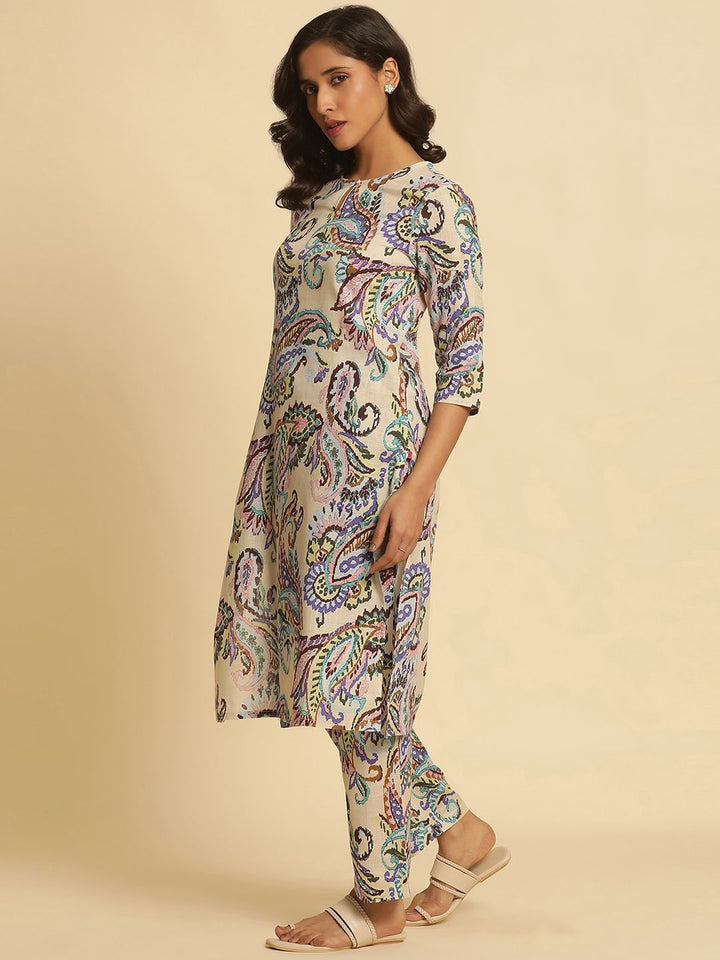 W Paisley Printed Keyhole Neck Pure Cotton Straight Kurta with Trouser & Dupatta