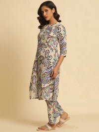 W Paisley Printed Keyhole Neck Pure Cotton Straight Kurta with Trouser & Dupatta