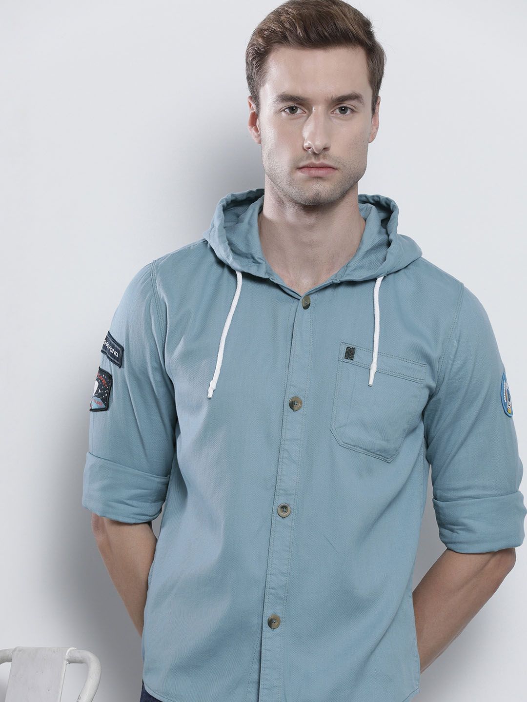 The Indian Garage Co Men Blue Solid Slim Fit Hooded Casual Shirt