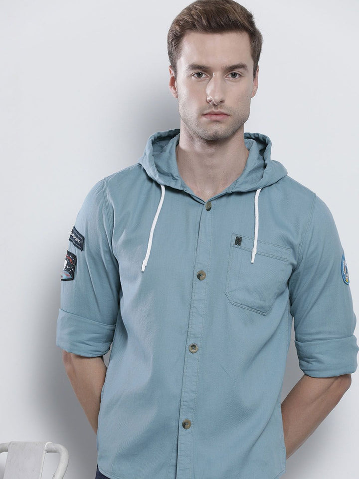 The Indian Garage Co Men Blue Solid Slim Fit Hooded Casual Shirt