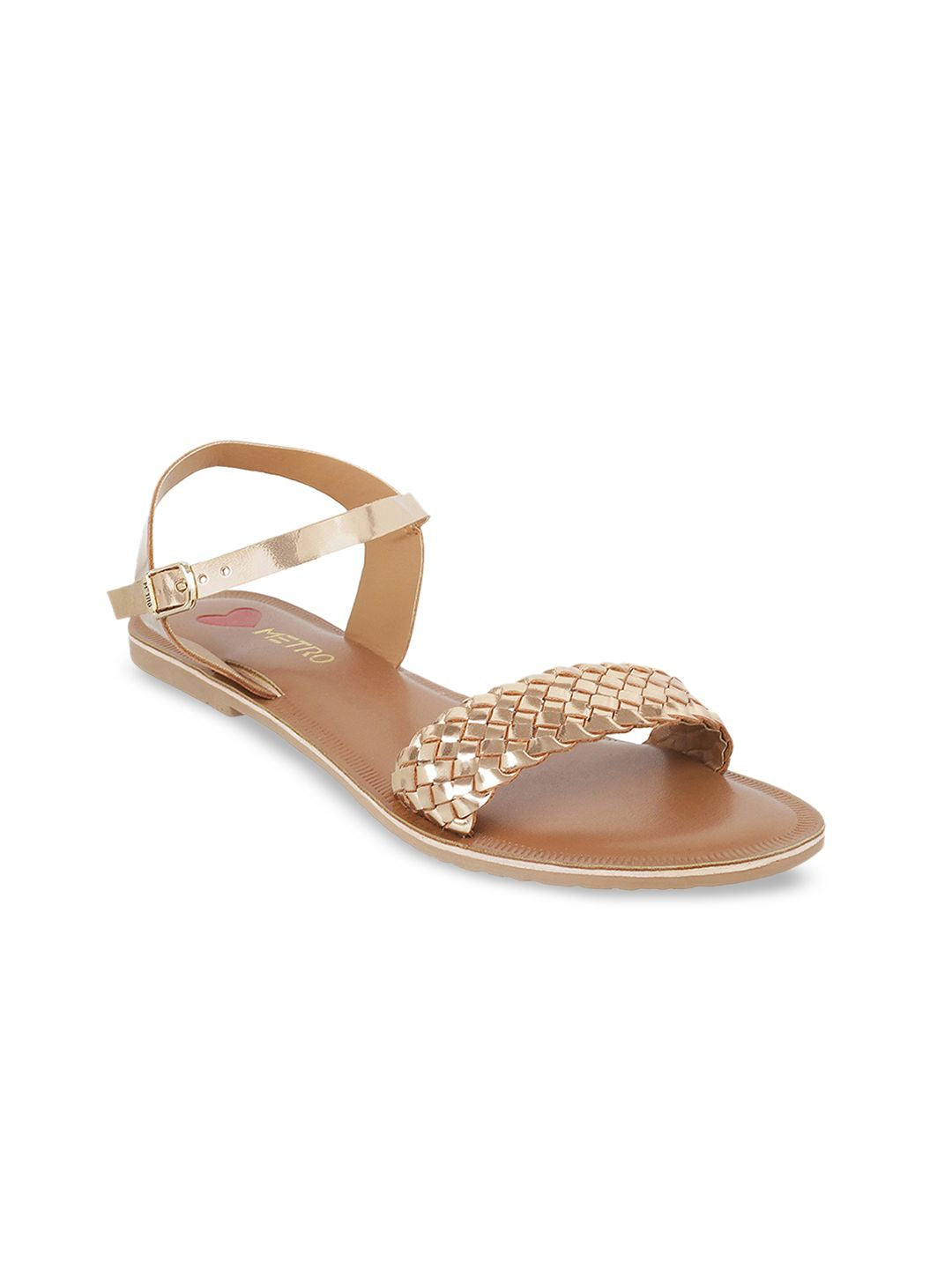 Metro Women Gold-Toned Woven Design Open Toe Flats