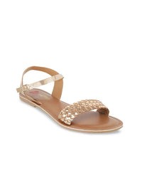 Metro Women Gold-Toned Woven Design Open Toe Flats