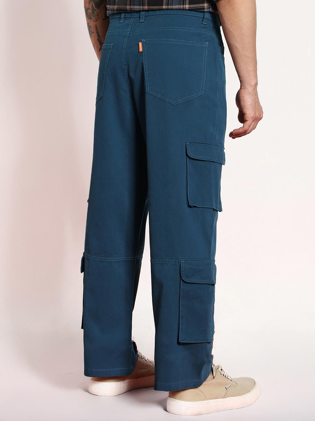 Urbano Fashion Men Denim Blue Stretchable Loose Fit Cargo Chino Pant with 8 Pockets