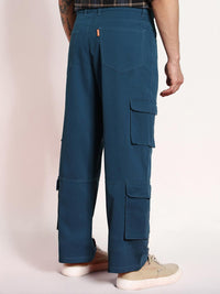 Urbano Fashion Men Denim Blue Stretchable Loose Fit Cargo Chino Pant with 8 Pockets
