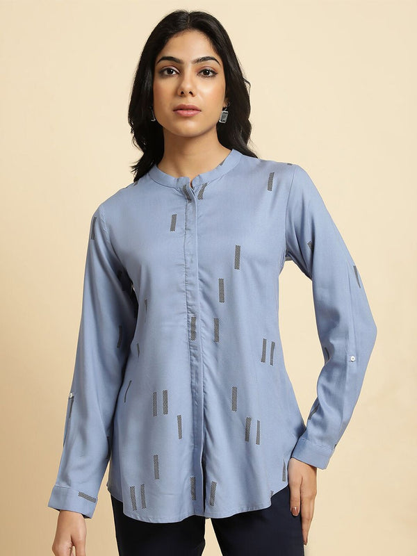 W Blue Floral Print Mandarin Collar Shirt Style Top