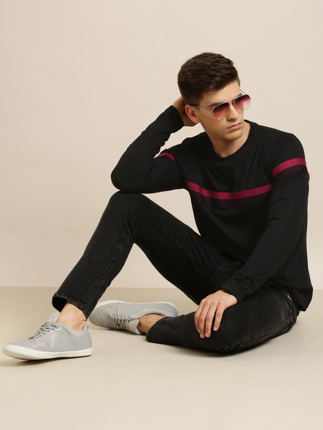 DILLINGER Men Black & Red Pure Cotton Striped T-shirt