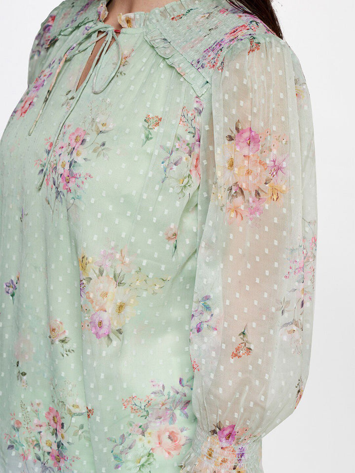 AND Floral Printed Tie-Up Neck Cuffed Sleeves Top