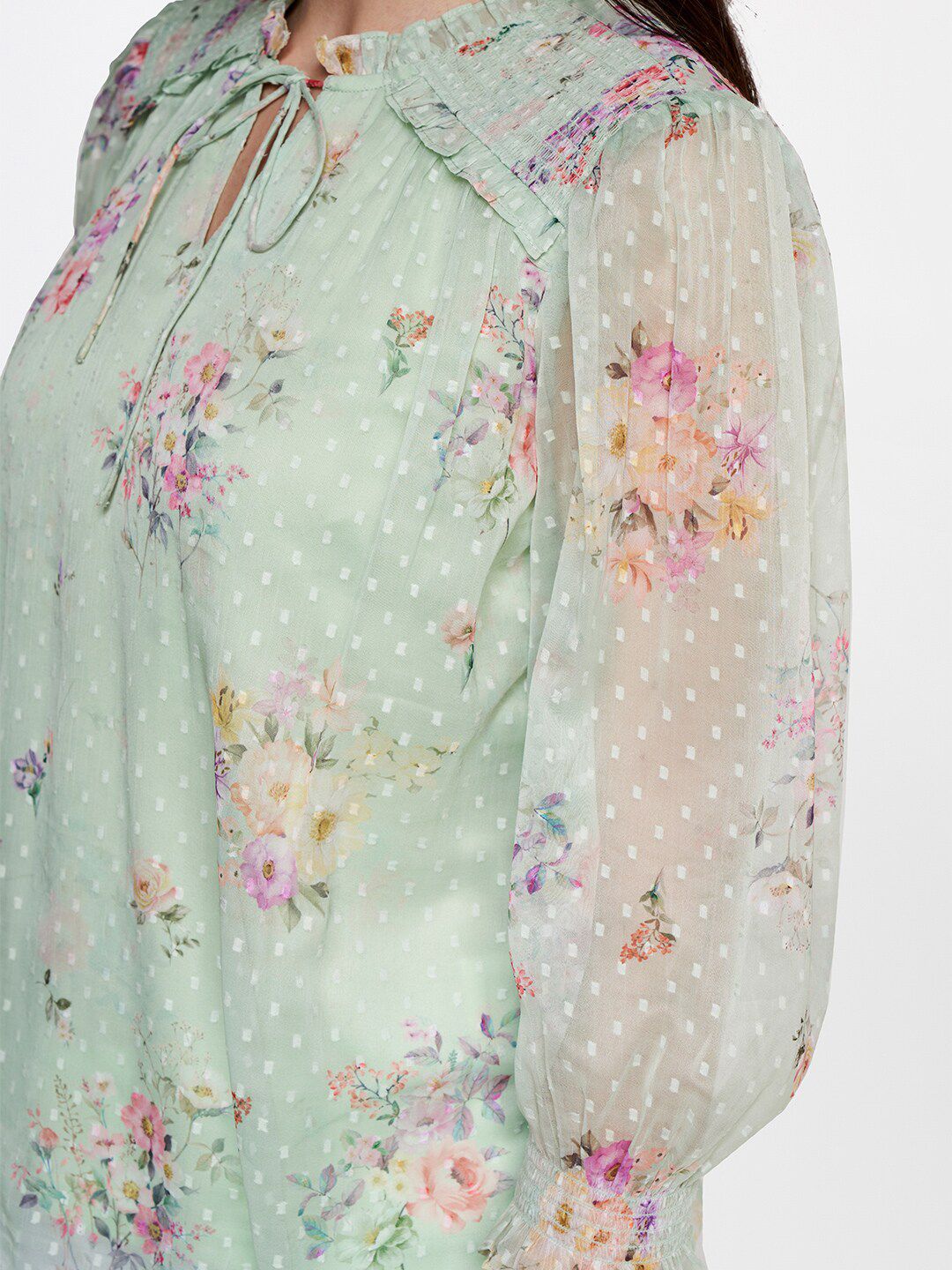 AND Floral Printed Tie-Up Neck Cuffed Sleeves Top