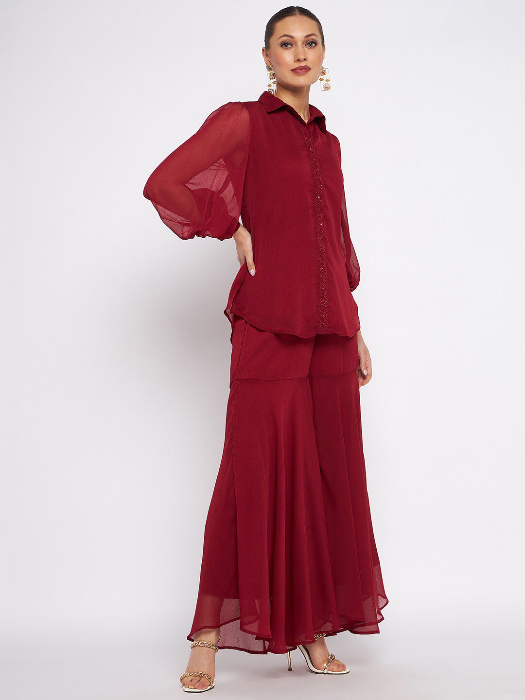 Antheaa Embellished Shirt Collar Long Sleeves Top & Sharara