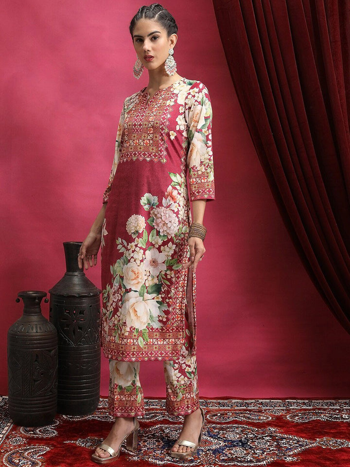 Vishudh Floral Printed Regular Notch Neck Kurta With Palazzos And Dupatta