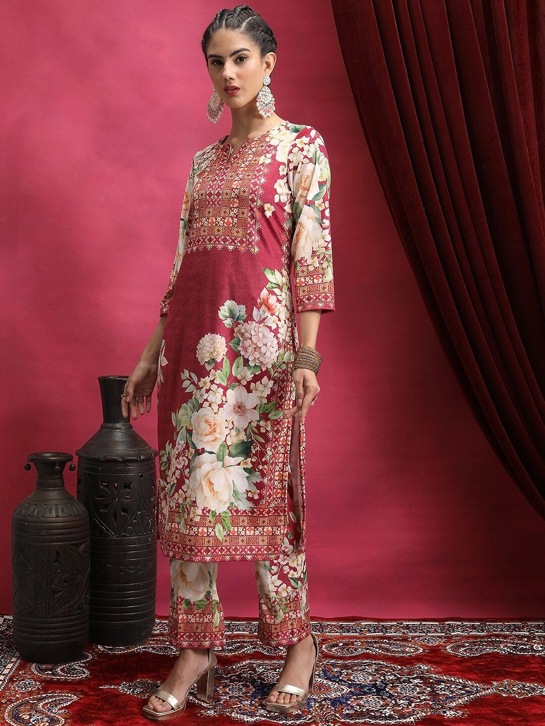 Vishudh Floral Printed Regular Notch Neck Kurta With Palazzos And Dupatta