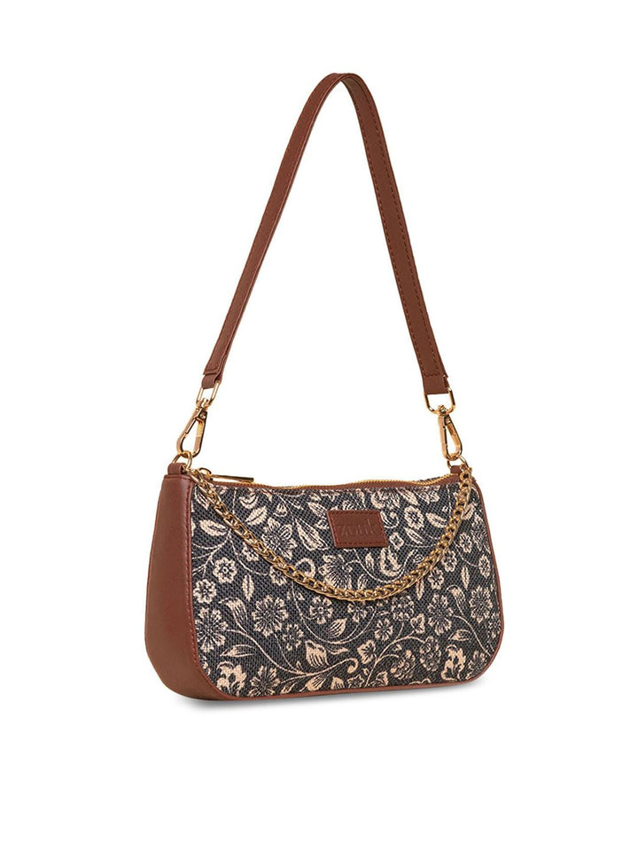 ZOUK Black Floral Printed Structured Baguette Bag with Applique