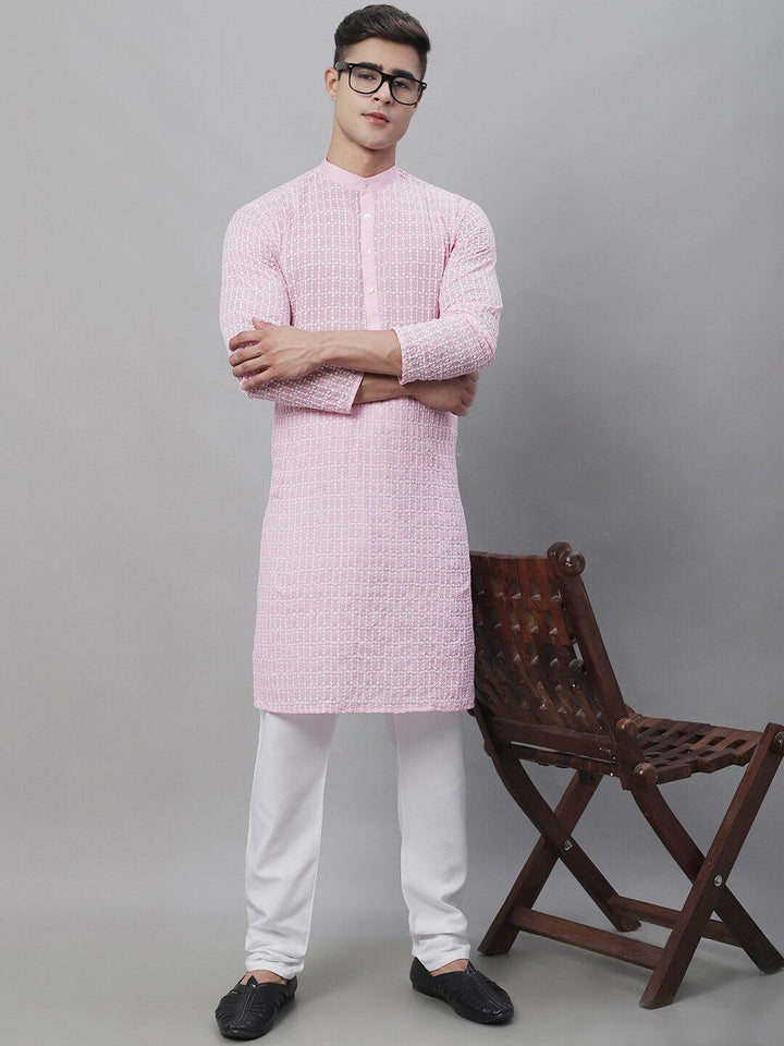 SOJANYA Men Pink Sulam Kurta Kapas Tulen Biasa dengan Churidar