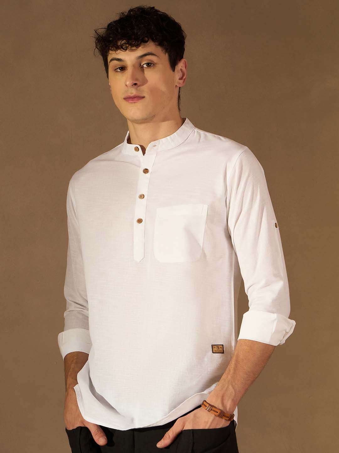 DENNISON Lelaki Putih Solid Lurus Kapas Tulen Kurta Pendek