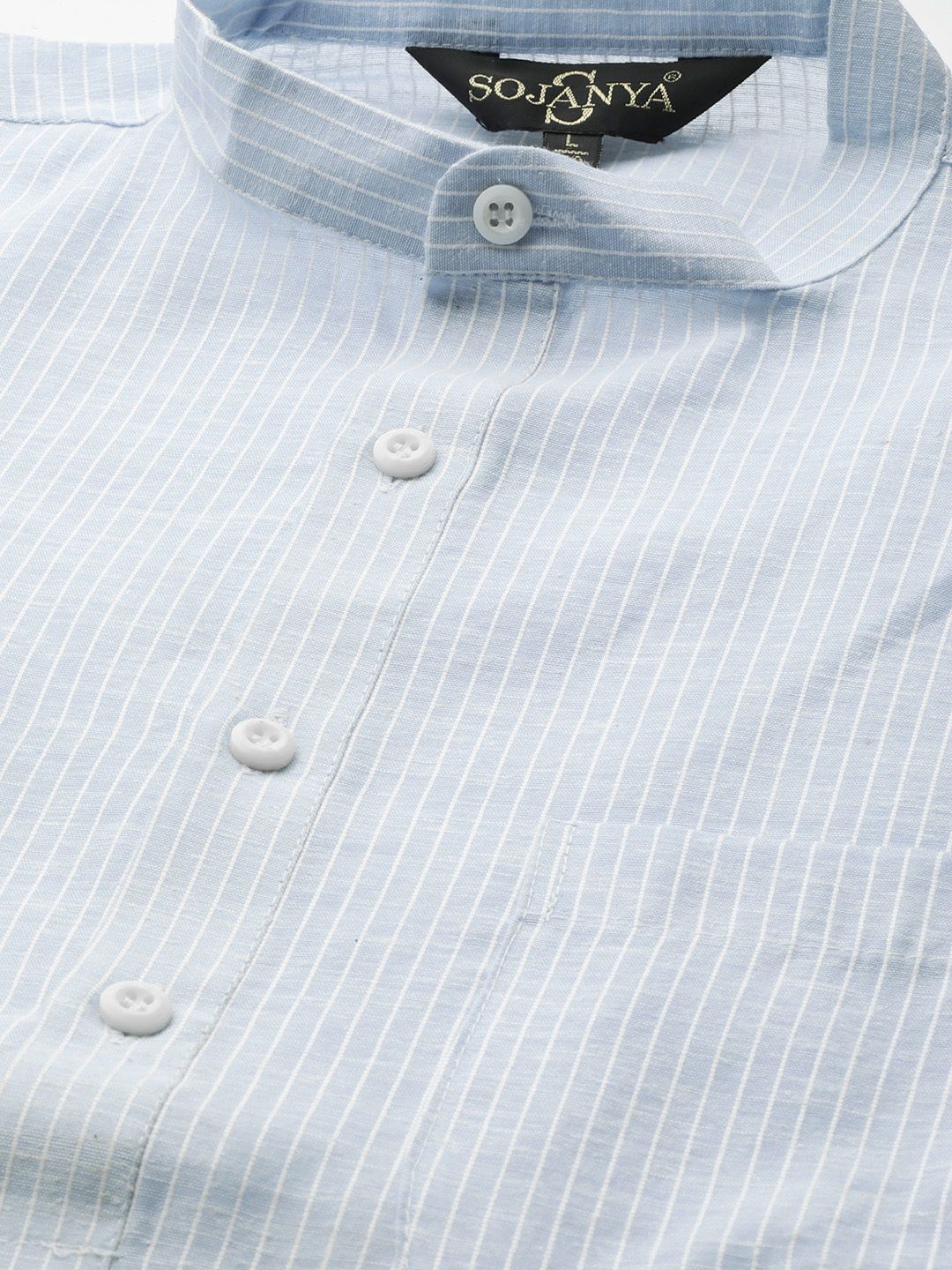 SOJANYA Men Blue & White Pure Cotton Striped Kurta